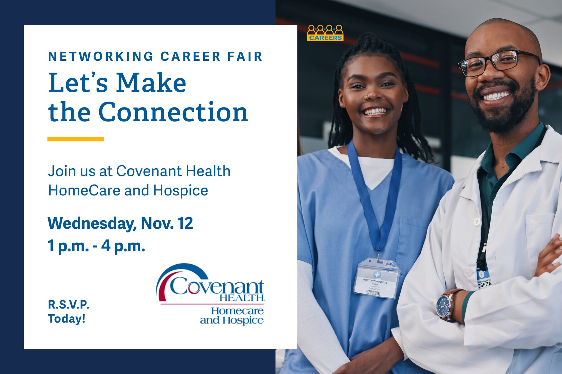 Two smiling healthcare professionals stand side by side. The image promotes a networking career fair for Covenant Health HomeCare and Hospice on Wednesday, Nov. 12 from 1–4 p.m. RSVP information is also displayed.