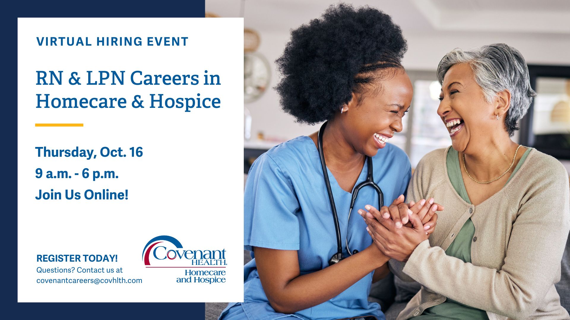 Two women sit close together, smiling and laughing while holding hands. The image promotes a virtual hiring event for RN and LPN careers in homecare and hospice with Covenant Health, detailing event date, time, and contact info.