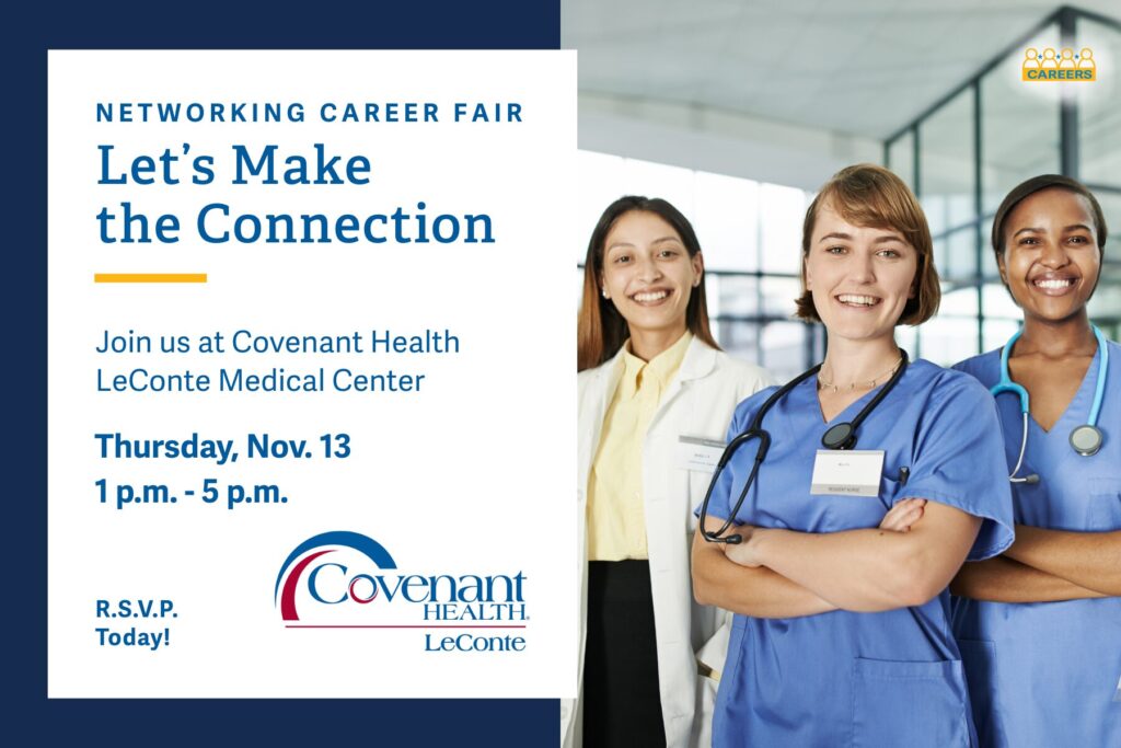 Networking career fair flyer with three smiling healthcare professionals in coats and scrubs. Text details the event: Nov 13, 1–5 p.m. at Covenant Health LeConte Medical Center. RSVP information is included.