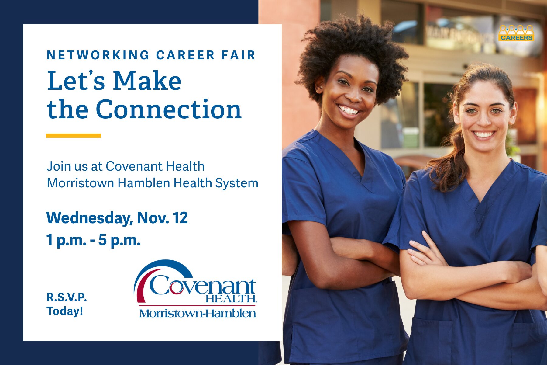 Two smiling healthcare professionals in scrubs stand with arms crossed next to a sign for a networking career fair at Covenant Health Morristown Hamblen Health System on Wednesday, Nov. 12, from 1 p.m. to 5 p.m.