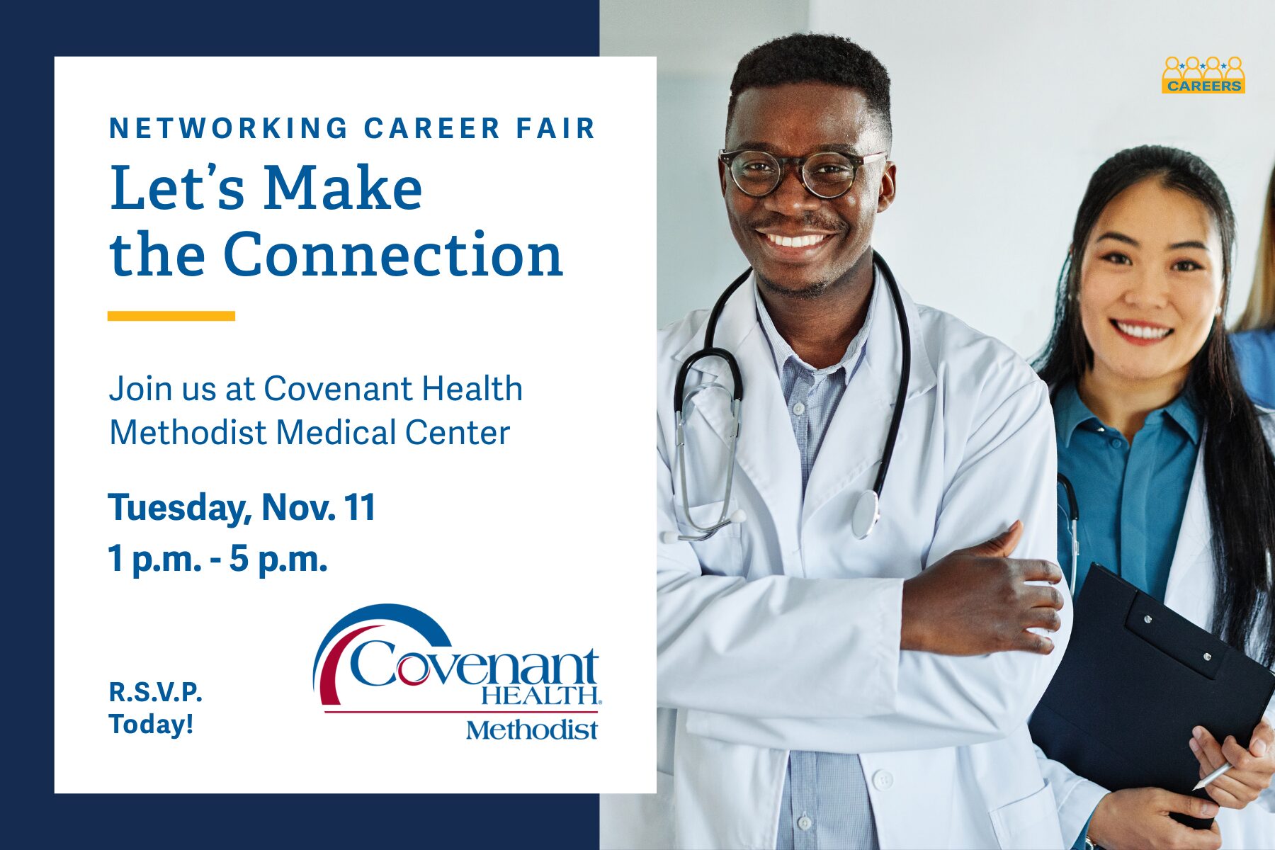 A flyer for a Networking Career Fair at Covenant Health Methodist Medical Center features a smiling male doctor in a white coat and a female healthcare professional. Event details: Tuesday, Nov. 11, 1–5 p.m. RSVP today.