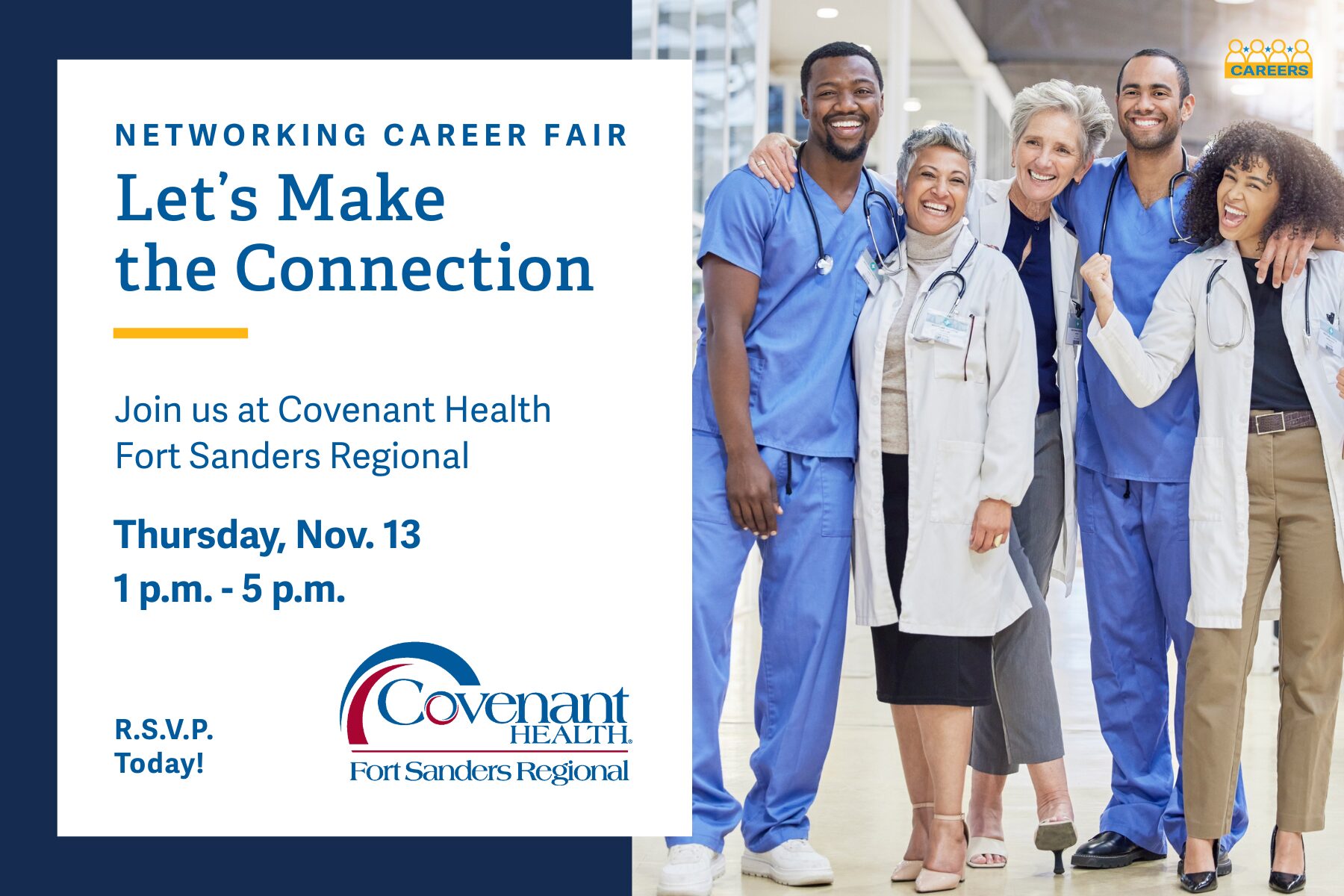 A diverse group of healthcare professionals, smiling and standing together, promotes a networking career fair at Covenant Health Fort Sanders Regional on Thursday, Nov. 13, from 1 to 5 p.m. RSVP is requested.