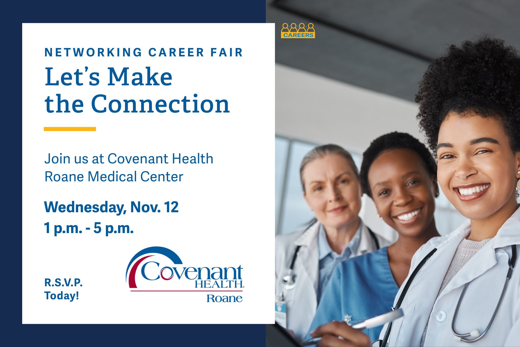 Flyer for a networking career fair at Covenant Health Roane Medical Center, featuring three smiling healthcare professionals and event details: Wednesday, Nov. 12, 1–5 p.m. RSVP today.