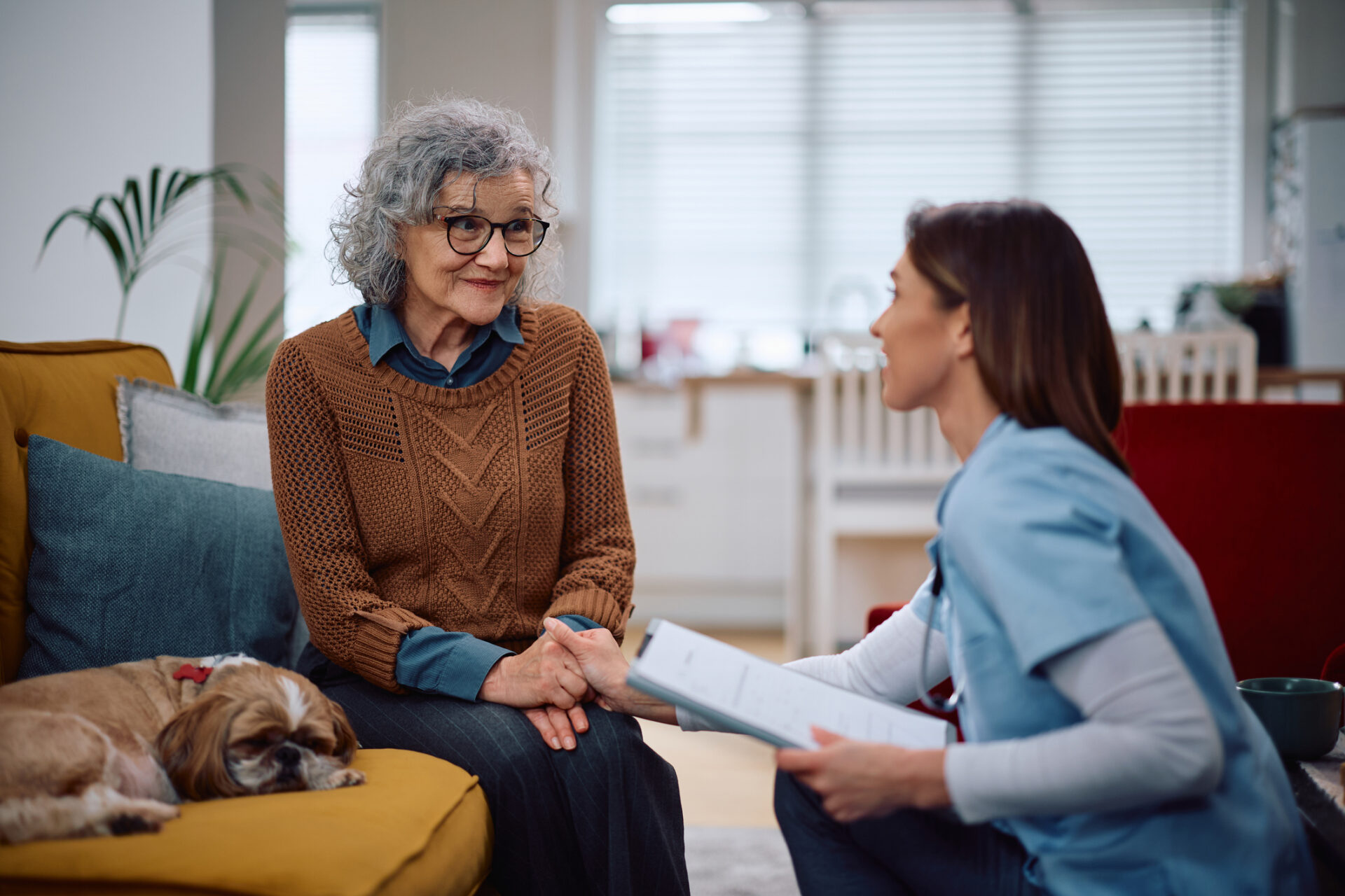 A nurse in blue scrubs sits on a sofa holding a clipboard and gently talks with an elderly woman in glasses and a brown sweater, sharing tips from a recent Networking Career Fair. A small dog lies nearby in the bright, cozy room.