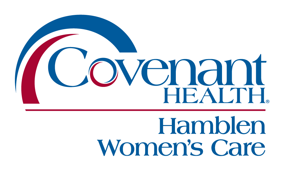 Logo for Covenant Health Hamblen Women&rsquo;s Care. Features blue and red arcs above and below the text, with &ldquo;Covenant Health&rdquo; in large font and &ldquo;Hamblen Women&rsquo;s Care&rdquo; in smaller font beneath.