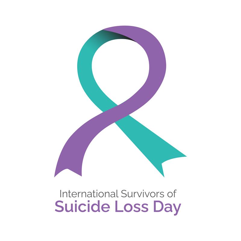 A teal and purple awareness ribbon with the text International Survivors of Suicide Loss Day below it on a white background, honoring all survivors of suicide loss.