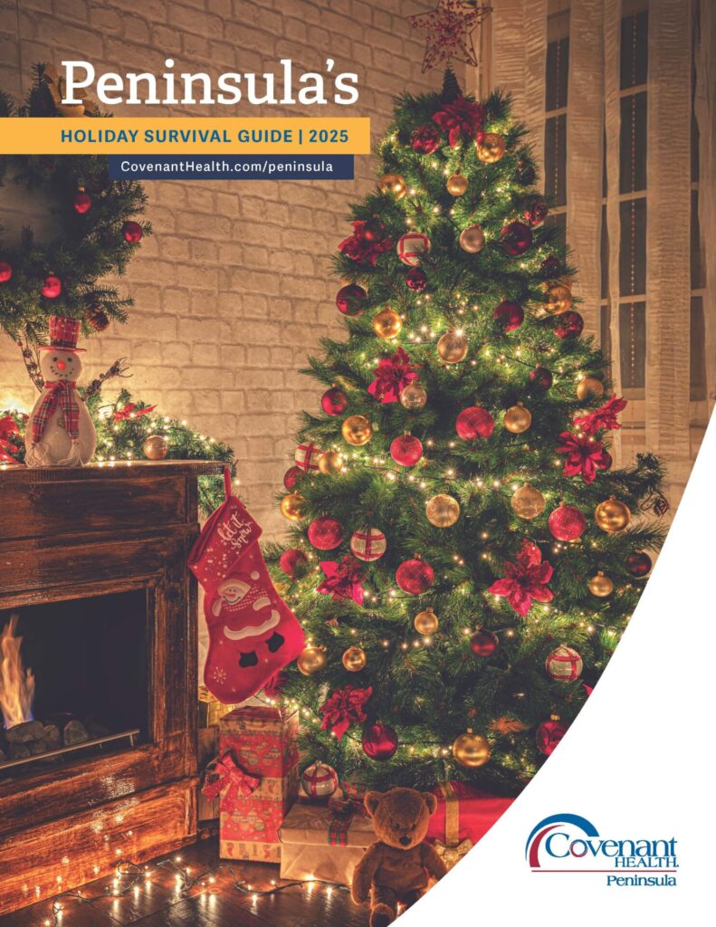 A warmly lit living room decorated for Christmas with a tree adorned with red and gold ornaments, a lit fireplace with stockings, a snowman figurine, and wrapped gifts; Covenant Health Peninsula logo at the bottom.