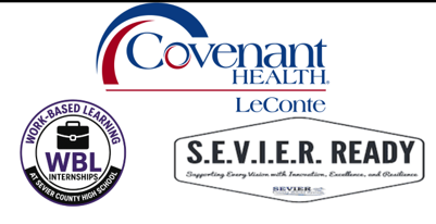 Logos for Covenant Health LeConte, Work-Based Learning Internships at Sevier County High School, and S.E.V.I.E.R. READY—an initiative from Sevier County Schools supporting excellence and resilience—are featured in collaboration with Covenant Health University.