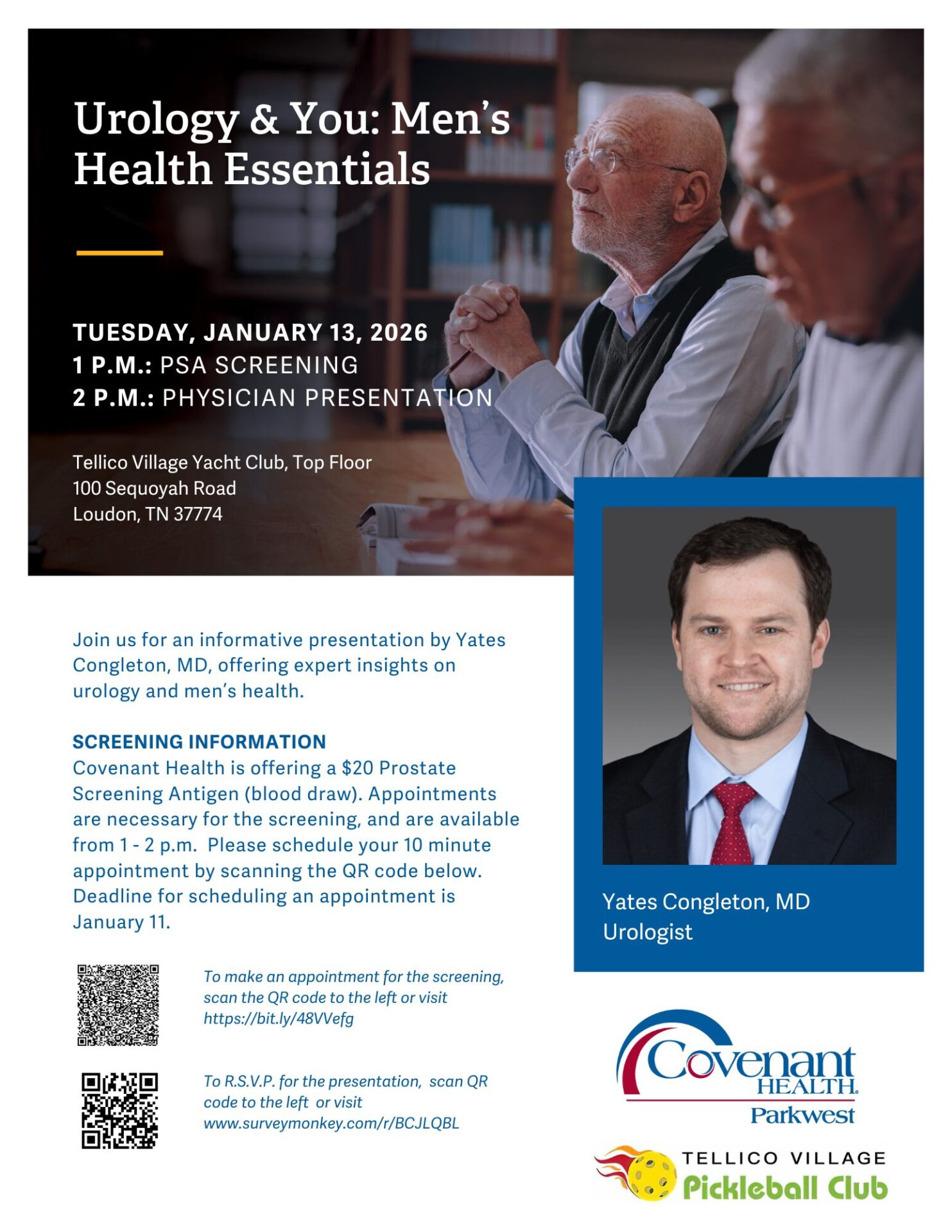 Flyer for Urology Men's Health Essentials event on Jan 13, 2026, with PSA screening and a physician presentation by Dr. Yates Congleton. Includes his photo, full event details, and RSVP info. Hosted by Covenant Health and Tellico Village Pickleball Club.