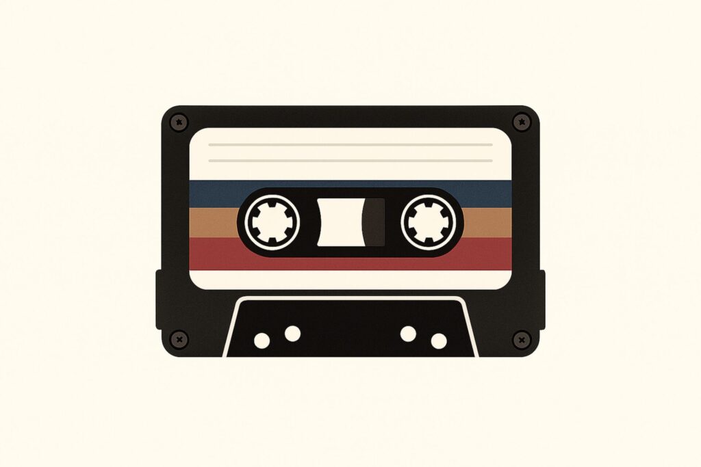 Illustration of a vintage audio cassette tape with black casing and horizontal stripes in blue, tan, and red on its label, against a plain cream background.