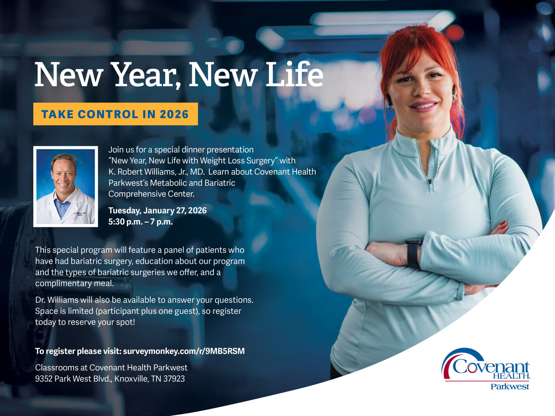 A promotional flyer for a weight loss surgery bariatric seminar features Dr. Robert Williams wearing a white coat and stethoscope, smiling in a hospital setting. Event details and registration info are on the left, with Covenant Health Parkwest logo at the bottom right.