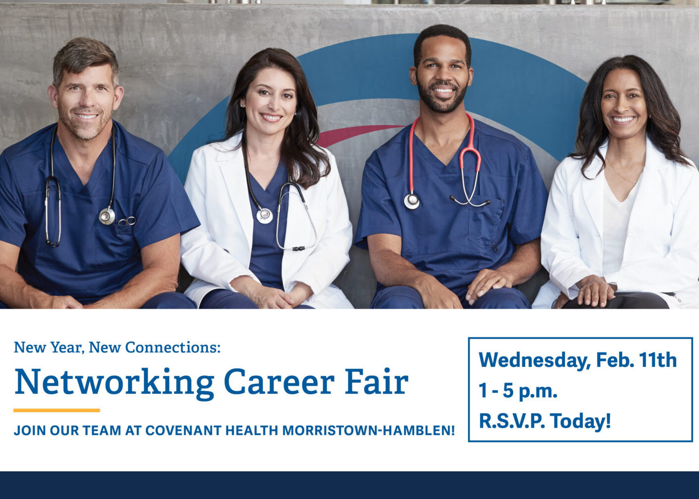Five healthcare professionals in white coats and scrubs sit and smile, promoting the Covenant Health Morristown-Hamblen Networking Career Fair on Feb. 11, 1–5 p.m. The event details and RSVP info are displayed on the image.