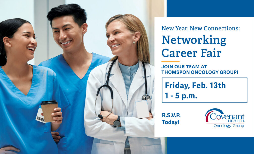Three healthcare professionals, two in blue scrubs and one in a white coat, smile and talk together. Text promotes a networking career fair by Covenant Health, Feb. 13th, 1–5 p.m., inviting people to RSVP.
