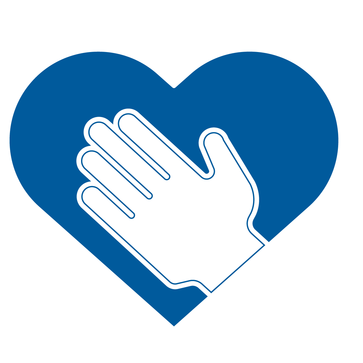 A blue heart shape with a white hand illustration placed on top, symbolizing care, compassion, or honesty.
