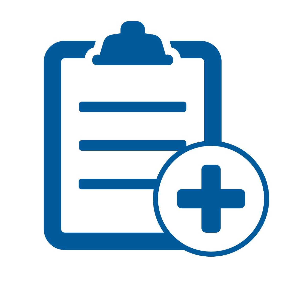 Blue clipboard icon with horizontal lines representing text and a large plus sign inside a circle in front, symbolizing adding or creating a new document or record.