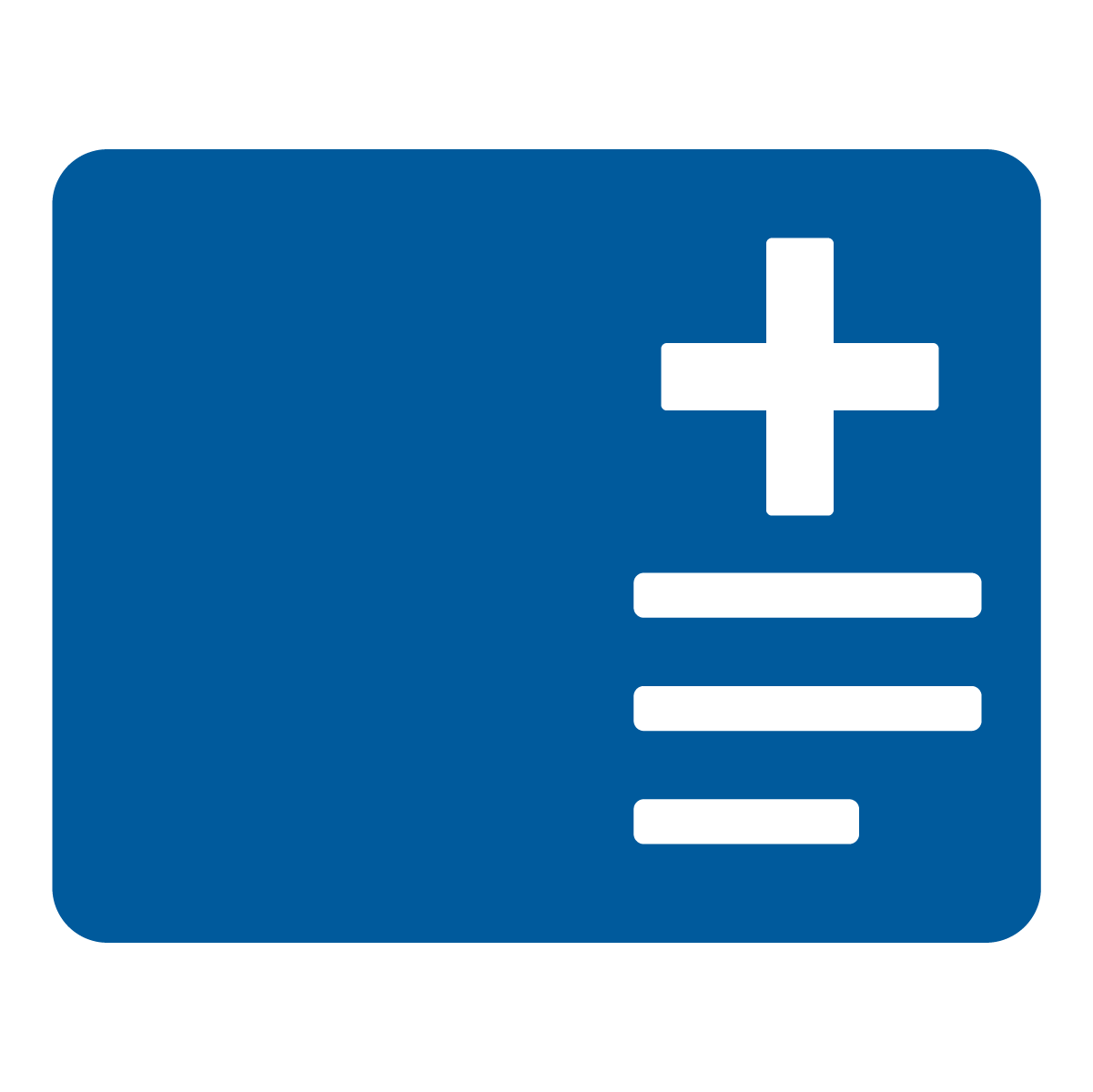 A blue rectangular card with rounded corners featuring a white medical cross in the top right corner and three horizontal white lines below it, representing text.