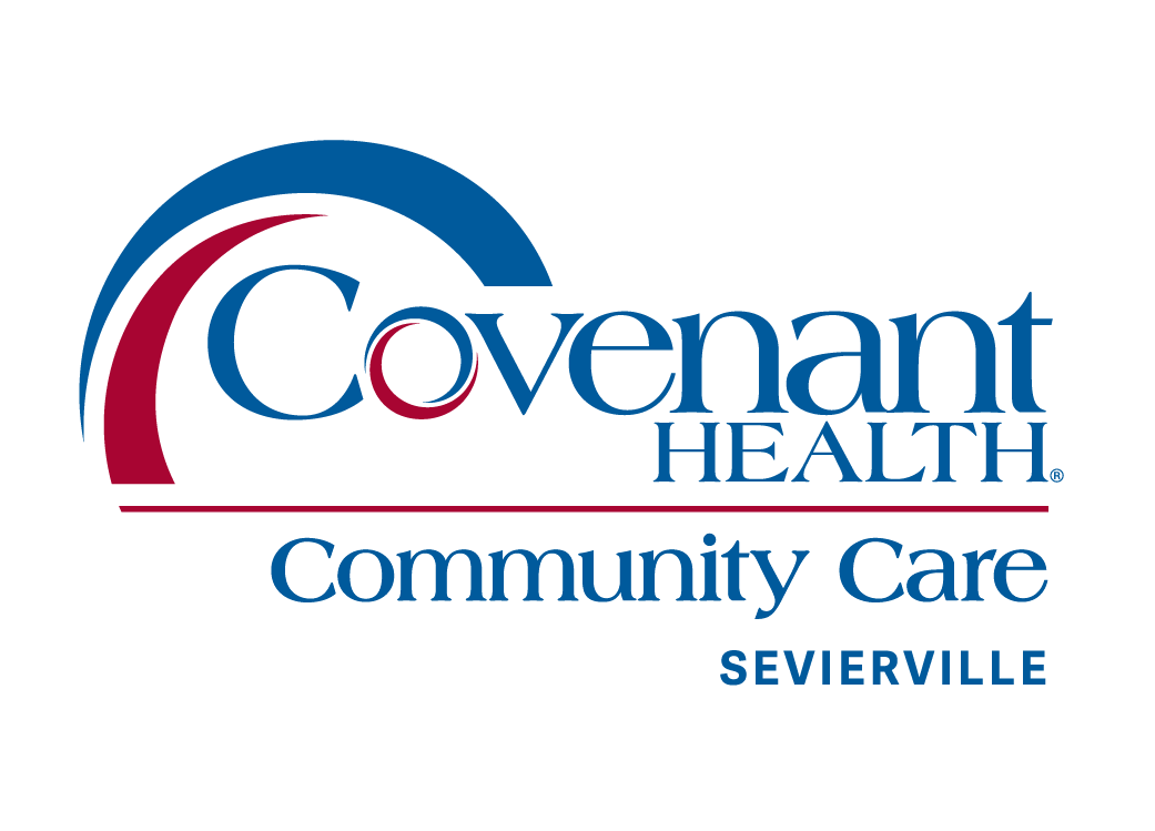 Logo with the text Covenant Health Community Care Sevierville in blue and red, featuring an arch design above the Covenant Health Community Care Sevierville name.