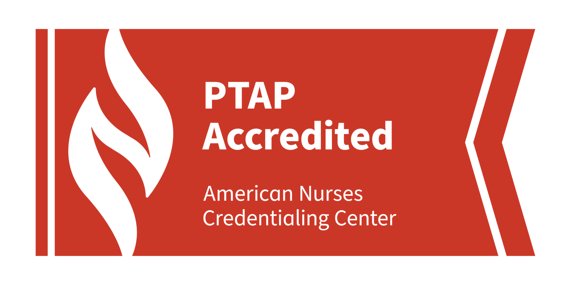 Red banner with a white flame-like symbol on the left. Text reads: Covenant Health University—PTAP Accredited. American Nurses Credentialing Center. White and red geometric borders are on the sides.