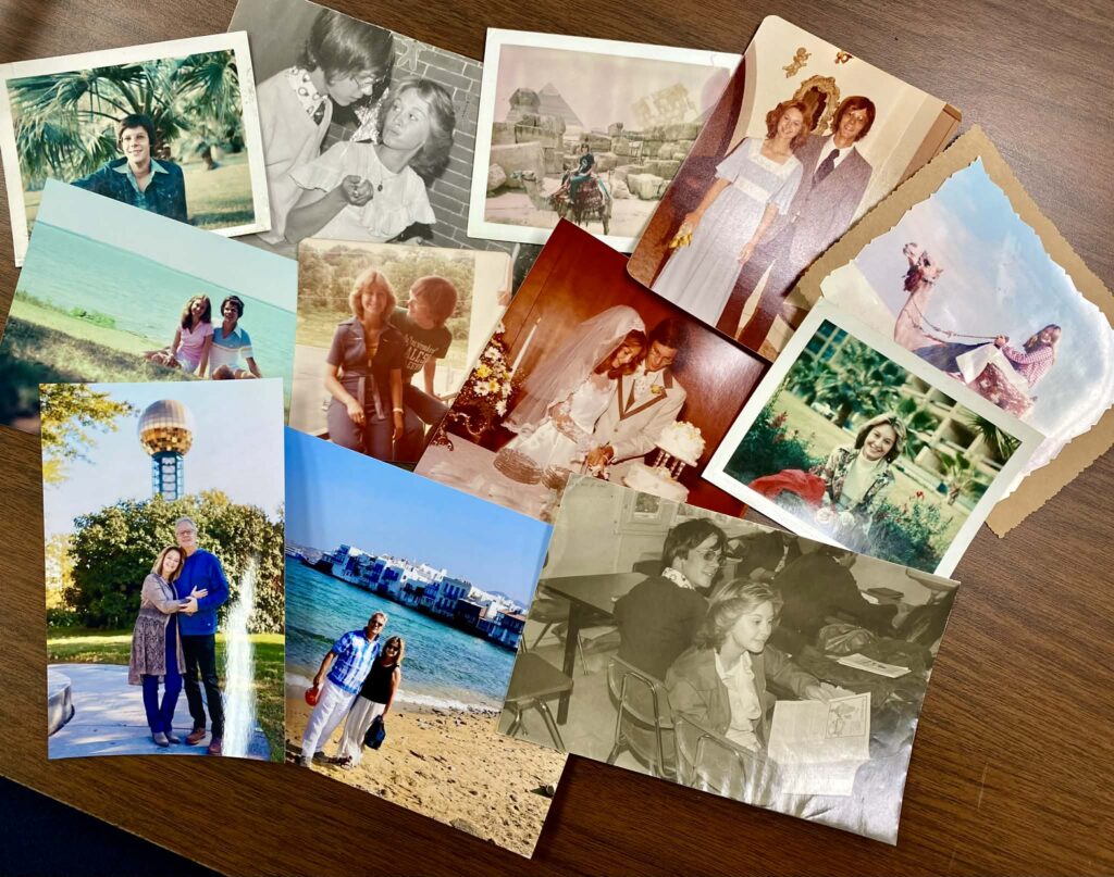 A collection of old and recent photographs, both color and black-and-white, showing various people&mdash;some after cardiac rehab&mdash;posing outdoors, by the beach, with monuments, and at special occasions, all arranged on a wooden surface.