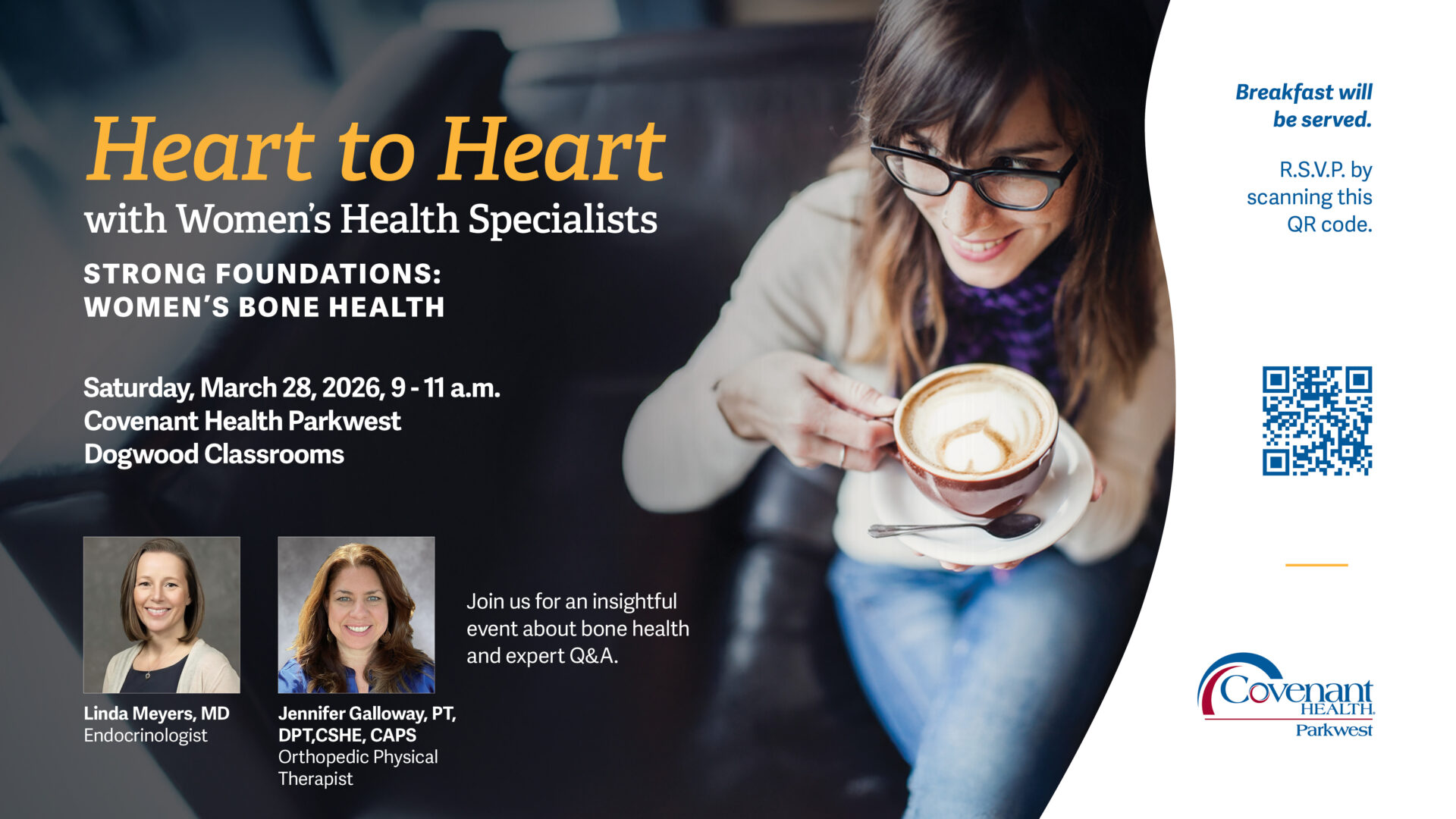 A promotional flyer for Heart to Heart with Women’s Health Specialists on women’s bone health, featuring event details, photos of two speakers, and a woman holding a coffee cup. Event is on March 28, 2026, at Covenant Health Parkwest.
