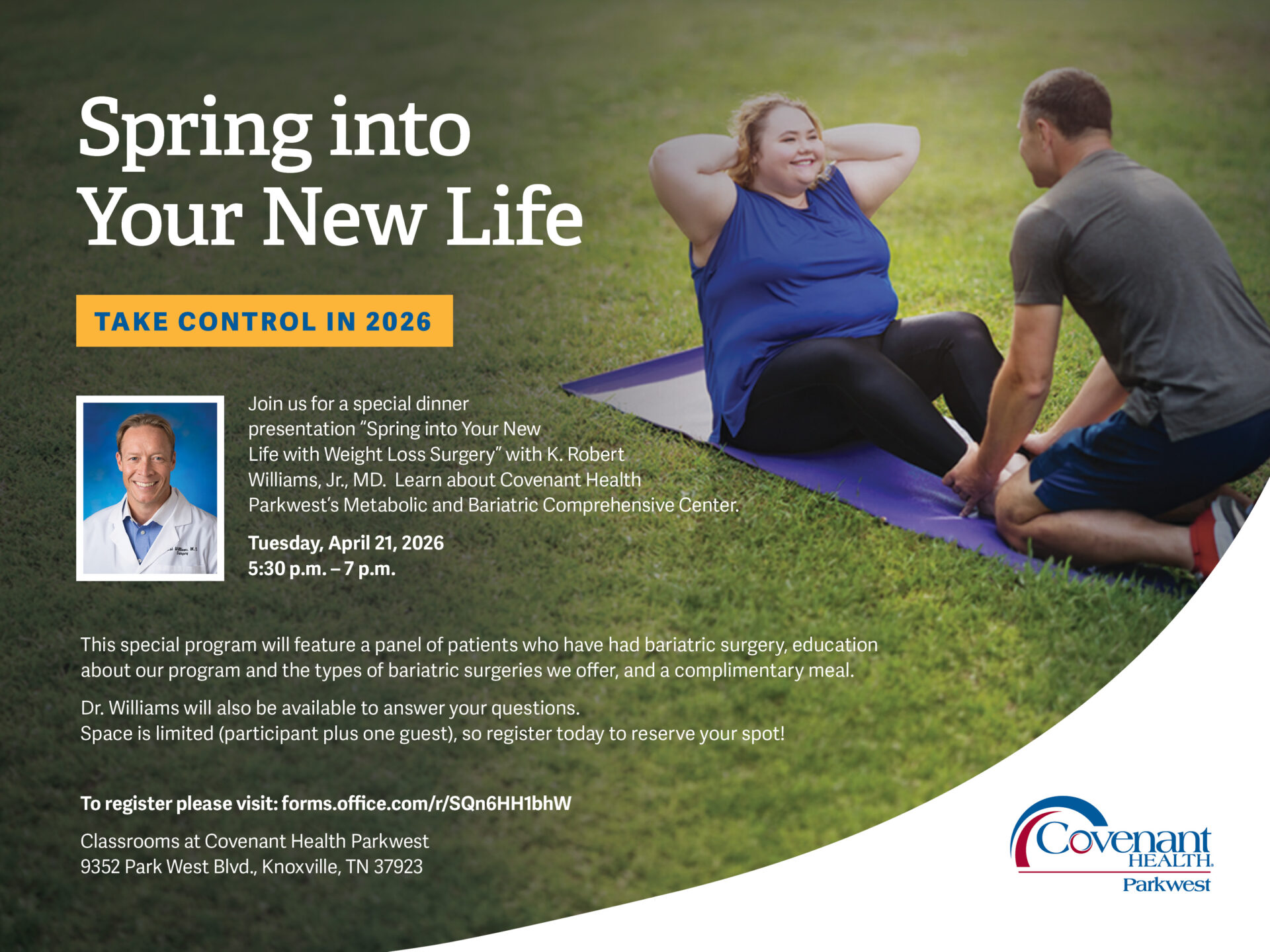 A woman does sit-ups on a yoga mat while a man holds her feet. Text promotes a Weight Loss Surgery Presentation and info session at Covenant Health Parkwest, April 21, 2026, with registration details and event location.