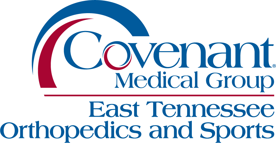 Logo for Covenant Medical Group East Tennessee Orthopedics and Sports. The design features a blue and red arc above the word “Covenant”, with the rest of the text in blue beneath it.