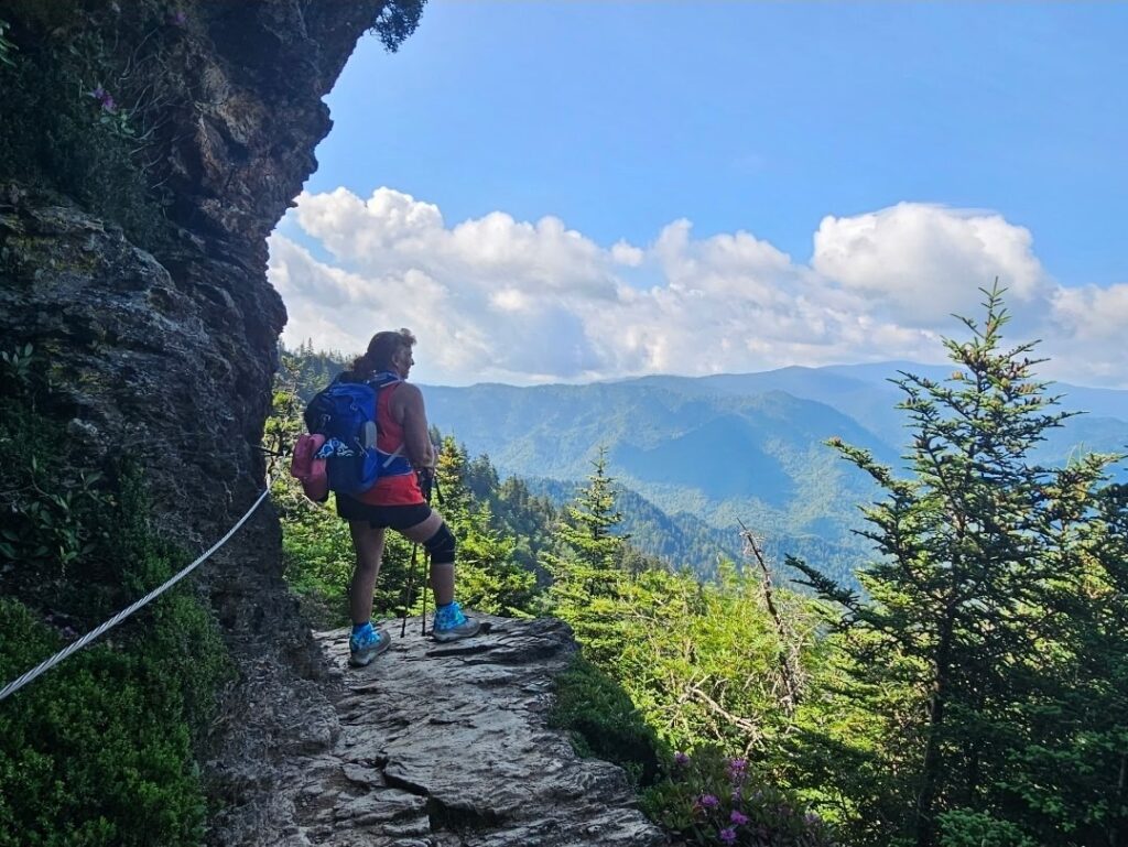 A hiker with a backpack stands on a rocky trail beside a cliff, looking out over a green, mountainous landscape under a blue sky with scattered clouds. A safety rope runs along the cliff edge.