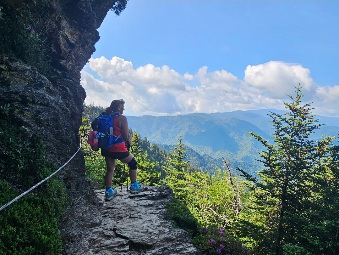 A hiker with a backpack stands on a rocky trail beside a cliff, looking out over a green, mountainous landscape under a blue sky with scattered clouds. A safety rope runs along the cliff edge.