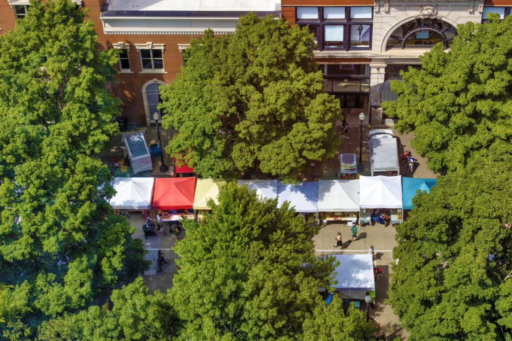 Aerial view of a tree-lined street market with colorful vendor tents set up on a sidewalk between tall green trees and historic brick buildings on a sunny day.