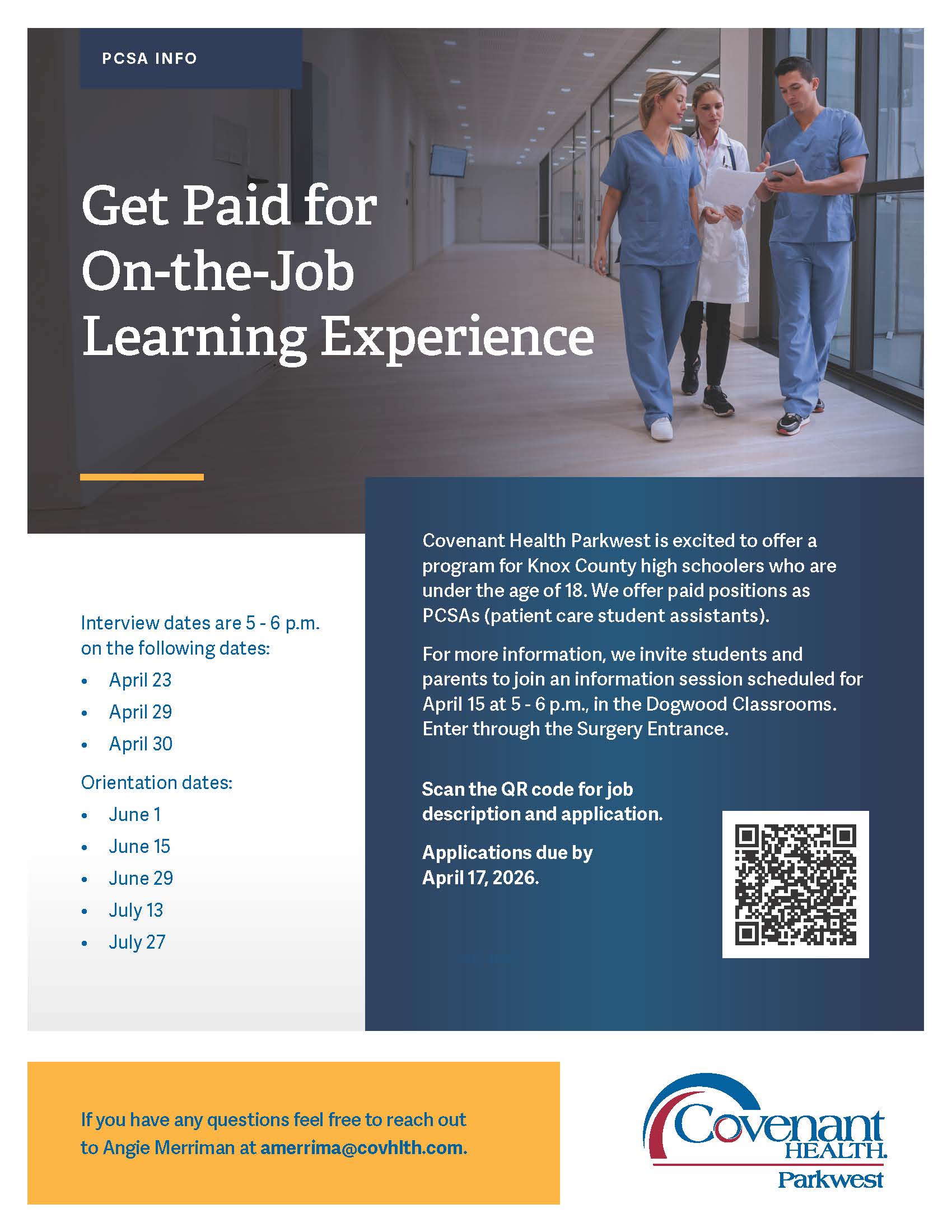 Three young healthcare professionals walk down a hospital hallway. Text highlights an on-the-job learning program for Knox County high schoolers at Covenant Health Parkwest, with interview and orientation dates, parent information night, and a QR code for more info.