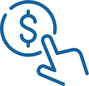 Blue line drawing of a hand with an extended index finger pointing toward a dollar sign inside a circle, symbolizing financial transactions or paying, often associated with employee benefits at Covenant Health.