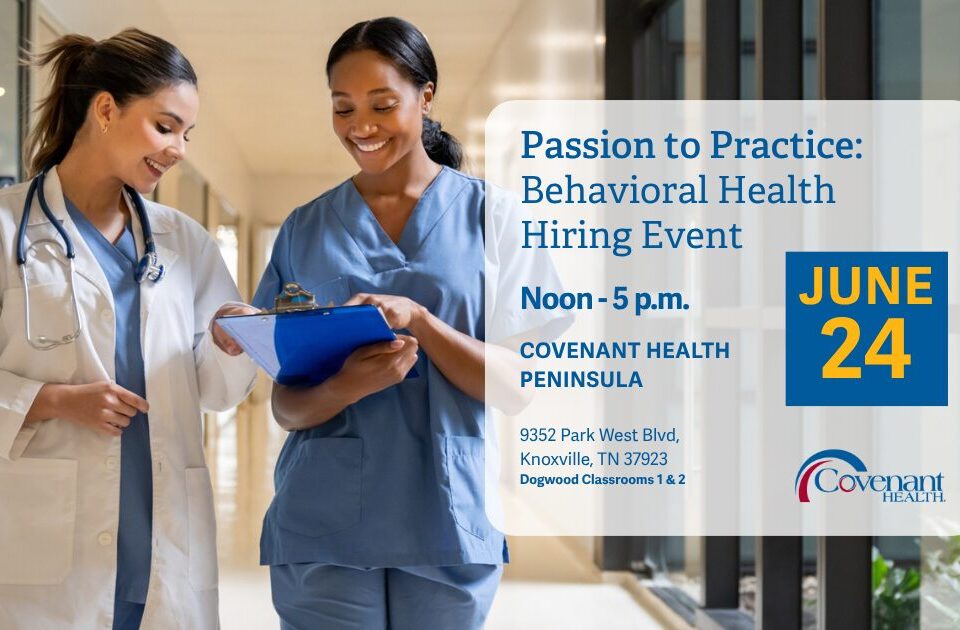 Two women in medical uniforms smile while reviewing paperwork. Text announces a Behavioral Health Hiring Event at Covenant Health Peninsula on June 24, noon–5 p.m., with event details and location provided.