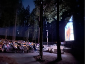 A group of people sits on chairs outdoors at night, watching a brightly lit movie screen surrounded by tall trees in a forest setting.