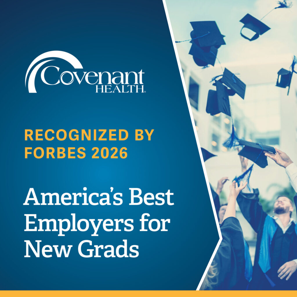 A graphic for Covenant Health highlights its recognition by Forbes 2026 as one of Americas best employers for new grads, featuring graduates tossing caps into the air.
