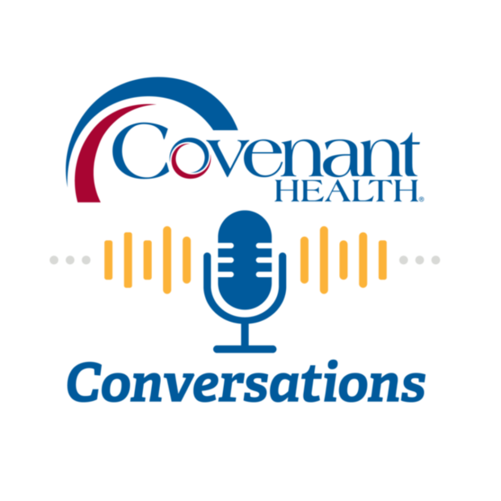 Logo for Covenant Health Conversations Video Podcast featuring the Covenant Health name, a stylized arc, a microphone, sound waves, and the word Conversations in bold blue text.