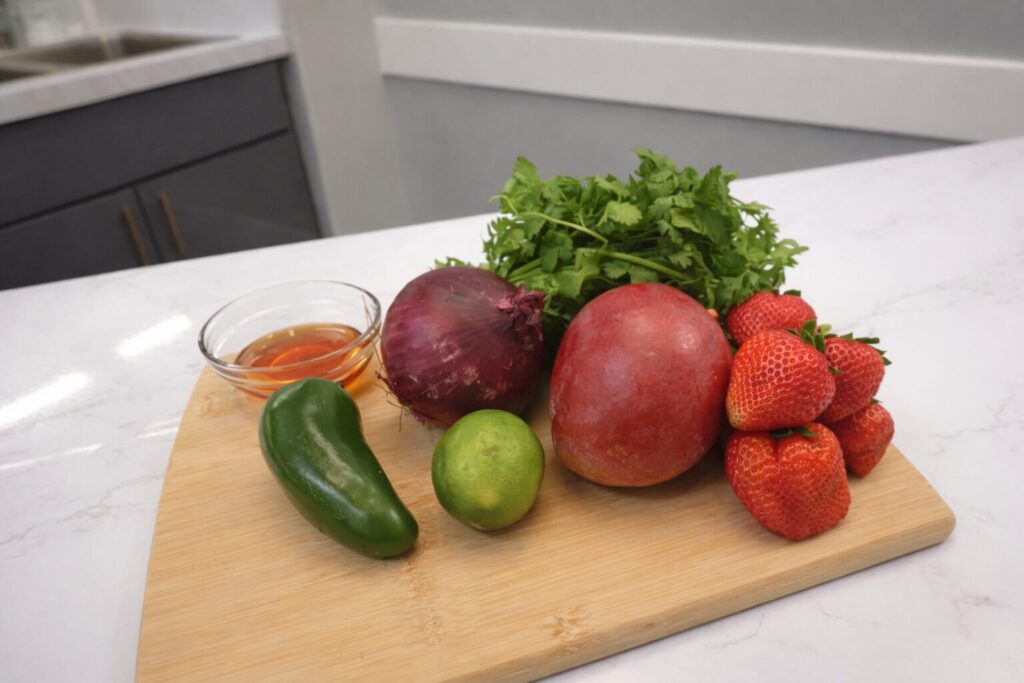 A cutting board on a kitchen counter holds a red onion, a pomegranate, a lime, a jalape&ntilde;o, strawberries, cilantro, and a small bowl of liquid, likely honey or syrup.