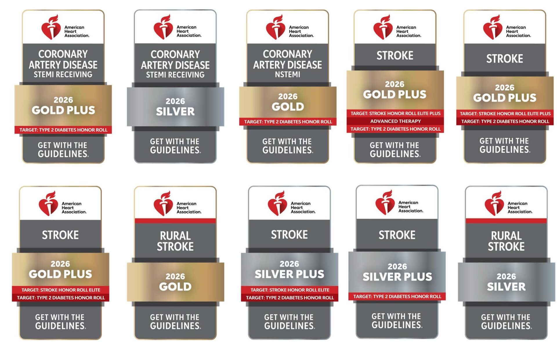 Ten American Heart Association Get With The Guidelines award badges for coronary artery disease, stroke, and rural stroke care in gold, silver, and gold plus designations—displayed in two rows—highlight how Covenant Health Hospitals are recognized for excellence with Get With The Guidelines Awards.