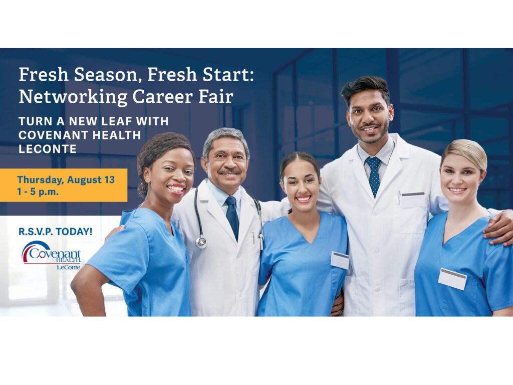 Five smiling healthcare professionals in scrubs and lab coats stand together in a hospital setting, embodying the spirit of a Fresh Season and a Fresh Start. Text promotes the Covenant Health LeConte Networking Career Fair on August 13 from 1-5 p.m., inviting people to RSVP.