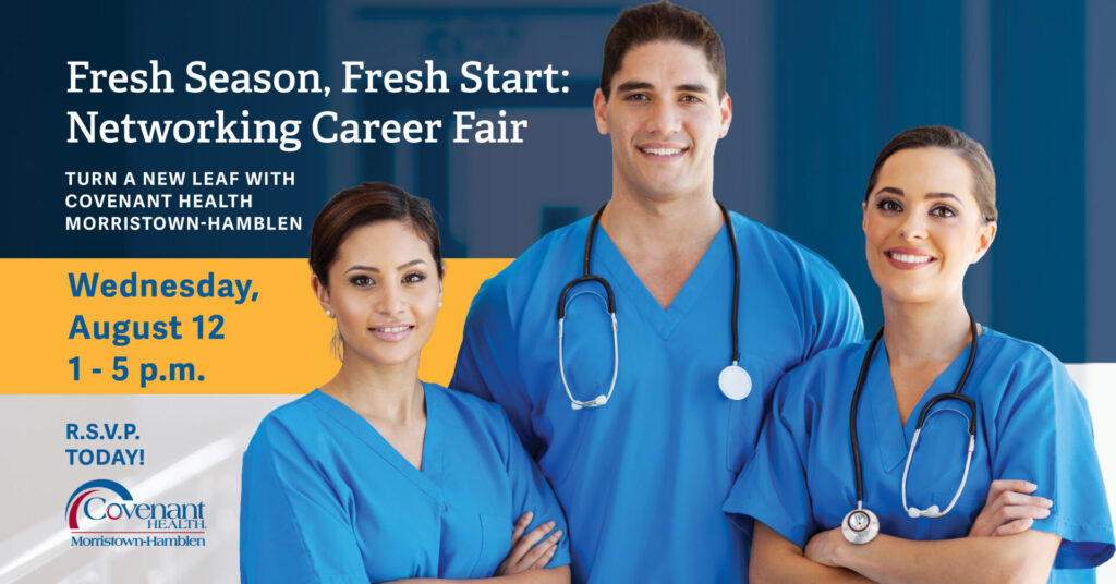 Three smiling healthcare workers in blue scrubs stand together. Event text reads: Fresh Season, Fresh Start: Networking Career Fair, Wednesday, August 12, 1–5 p.m. RSVP today! Covenant Health Morristown-Hamblen.