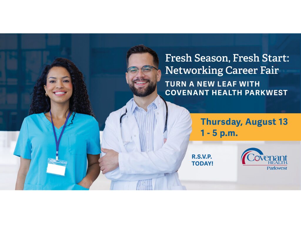 Two smiling healthcare professionals stand together. Text promotes the Fresh Season, Fresh Start: Covenant Health Parkwest & Peninsula Networking Career Fair on Thursday, August 13, from 1-5 p.m., encouraging RSVPs for the event. The Covenant Health Parkwest logo is visible.