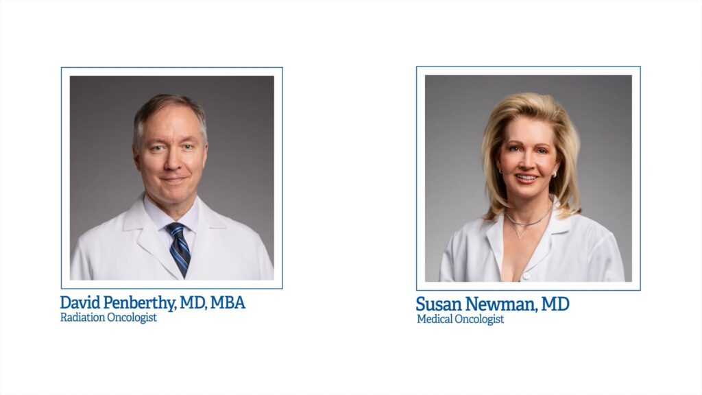 Two doctors in white coats are shown in separate portrait photos, featured as expert guests on a Video Podcast. The left has a man with a blue tie, labeled “David Penberthy, MD, MBA.” The right has a woman with blonde hair, labeled “Susan Newman, MD.”.