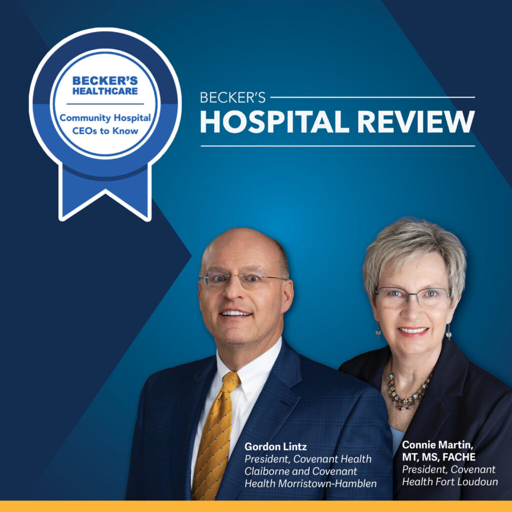 Two executives pose in business attire in front of a blue background with a badge reading Community Hospital CEOs to Know and the title Beckers Hospital Review. Their names and titles are listed below their images.