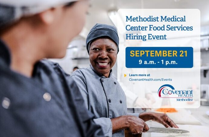 Two people in chef uniforms smile in a commercial kitchen. Text reads: Methodist Medical Center Food Services Hiring Event—Cook, Serve, Care: September 21, 9 a.m. - 1 p.m., Covenant Health.