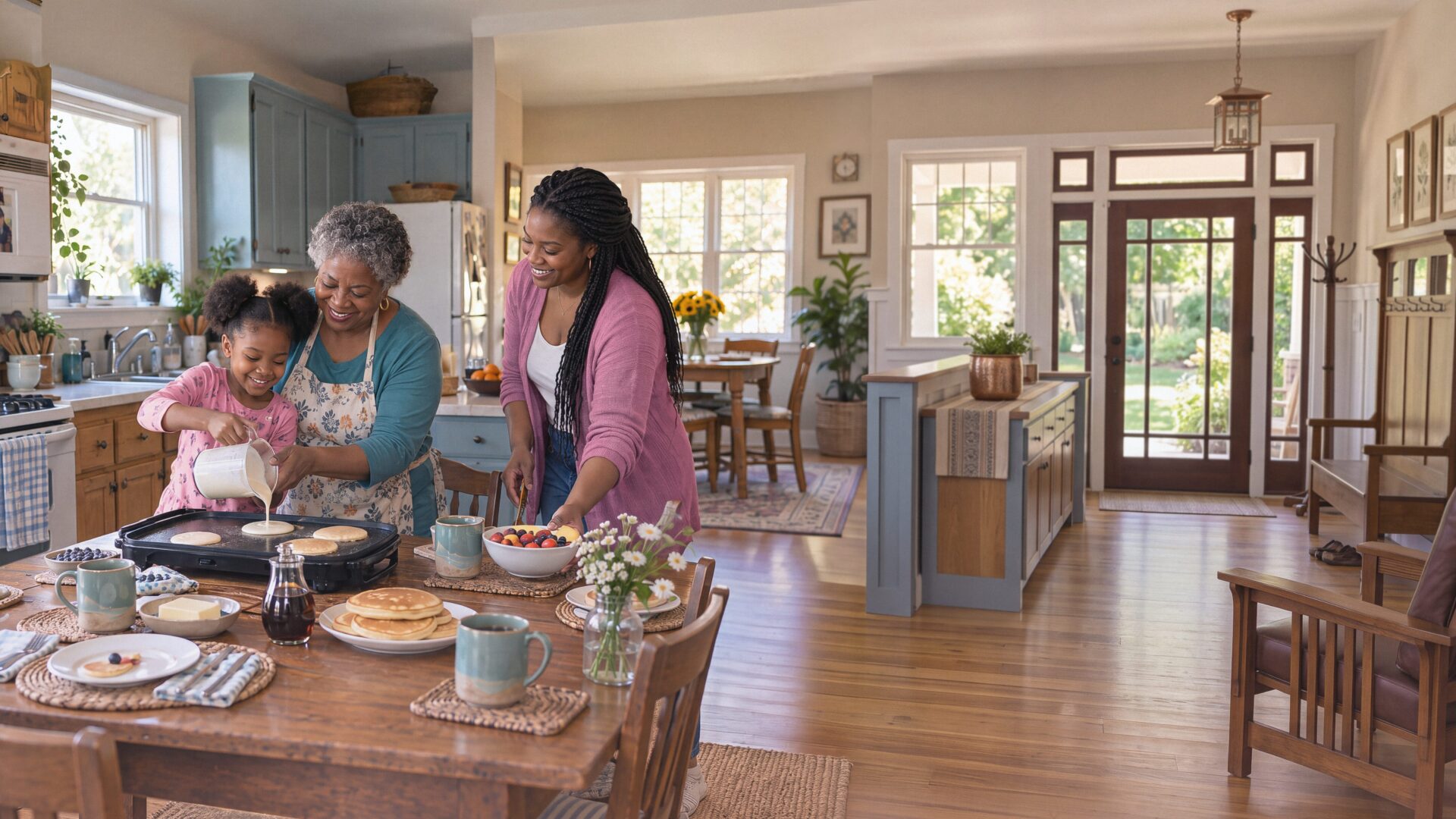 Three generations of women smile while making pancakes in a bright kitchen. The girl pours batter as the older woman assists, embodying the spirit of covenant health as sunlight fills the room and breakfast fills the table.