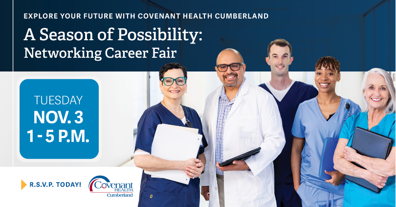 Poster for the A Season of Possibility Networking Career Fair at Covenant Health Cumberland on Tuesday, Nov. 3, from 1 to 5 p.m., featuring a group of five healthcare professionals.