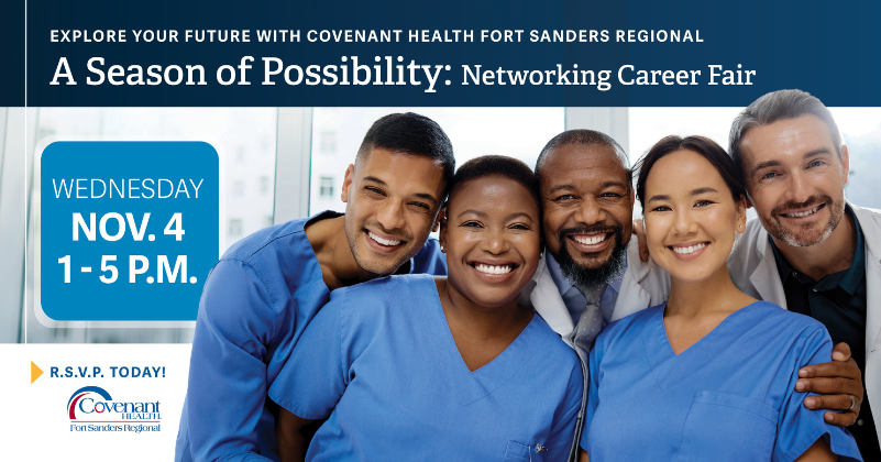 Five smiling healthcare professionals posing together for A Season of Possibility Networking Career Fair on Wednesday, Nov. 4 from 1 to 5 p.m. at Covenant Health Fort Sanders Regional.