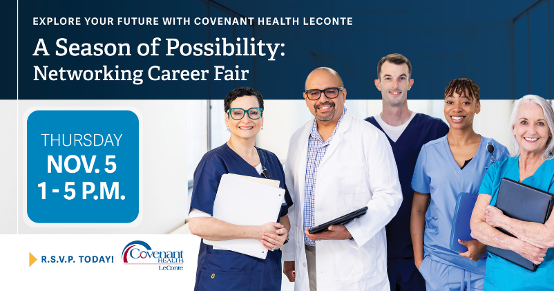 Five smiling medical professionals in scrubs and a white coat promote A Season of Possibility at the Covenant Health LeConte career fair on Thursday, Nov. 5, from 1-5 p.m.