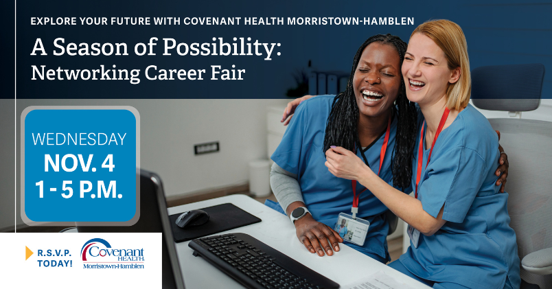 Two smiling healthcare workers in blue scrubs look at a computer screen during the Covenant Health Morristown-Hamblen A Season of Possibility Networking Career Fair on Wednesday, November 4, from 1–5 p.m.
