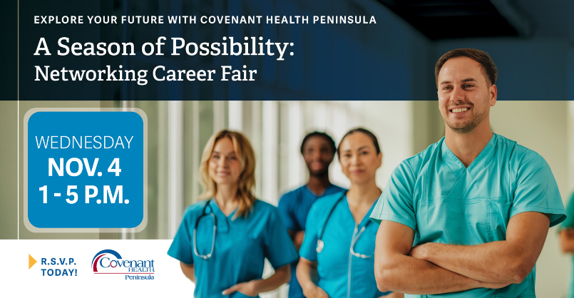 A smiling healthcare worker in scrubs in the foreground at the A Season of Possibility Networking Career Fair on Wednesday, Nov. 4, from 1 to 5 p.m.